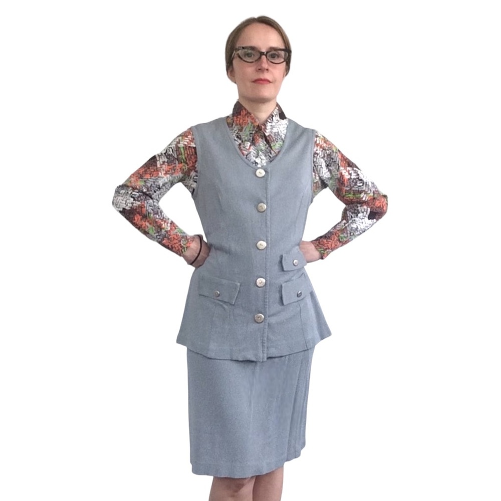 70s Vest Skirt and Blouse Retro Teacher Outfit Gray Mod S